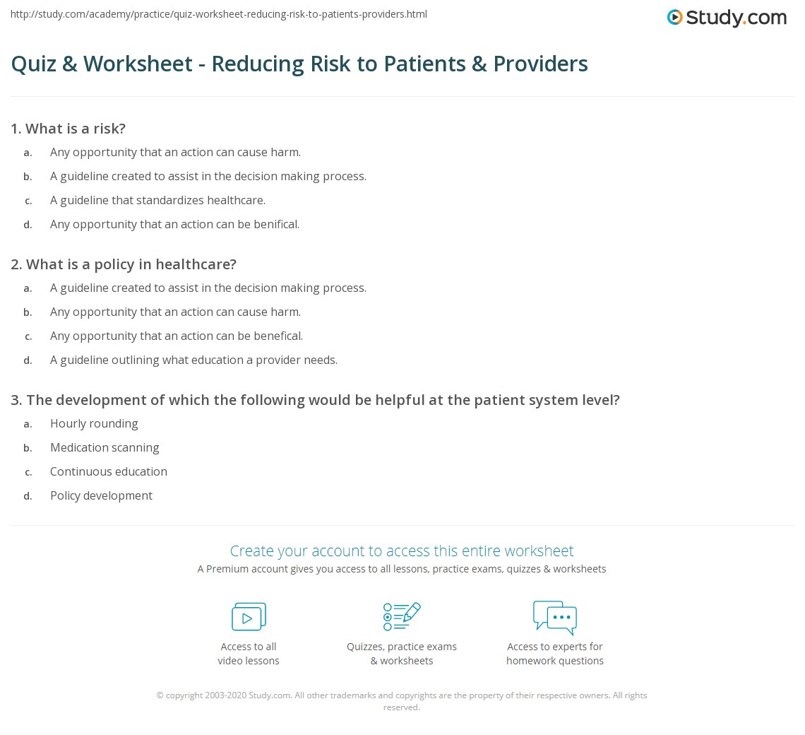 Quiz & Worksheet - Reducing Risk to Patients & Providers | Study.com