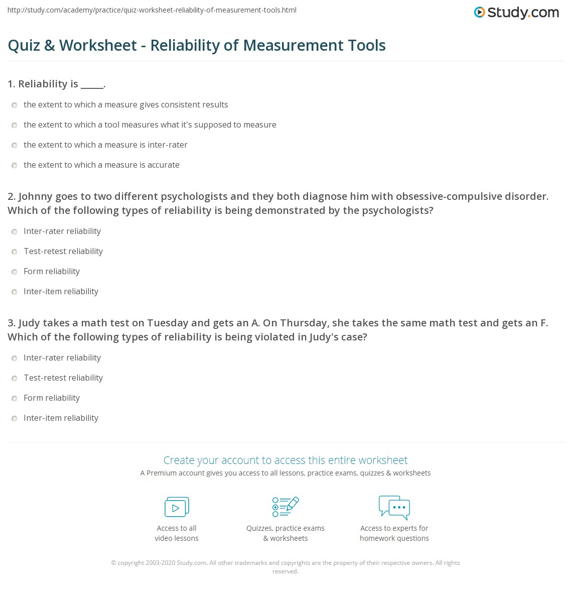 Quiz & Worksheet Reliability of Measurement Tools