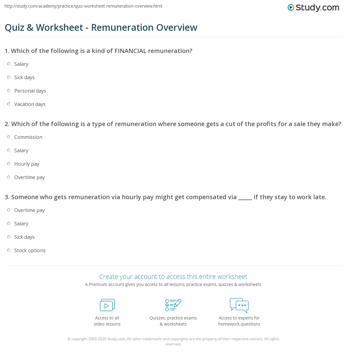 Quiz & Worksheet - Remuneration Overview | Study.com