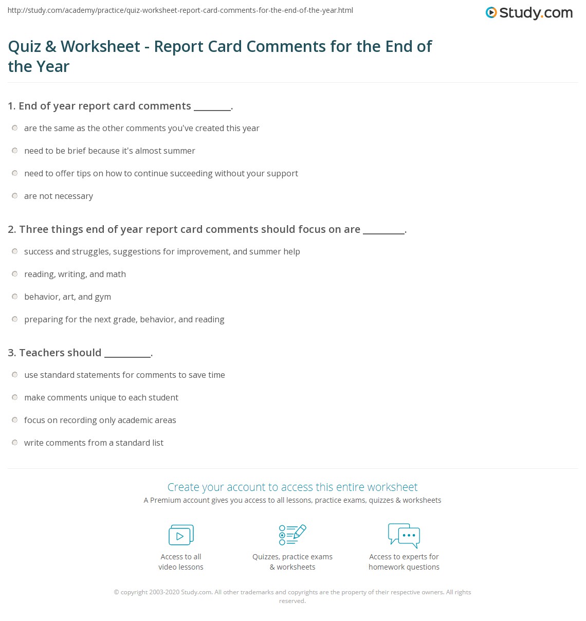 Quiz Worksheet Report Card Comments For The End Of The Year Study