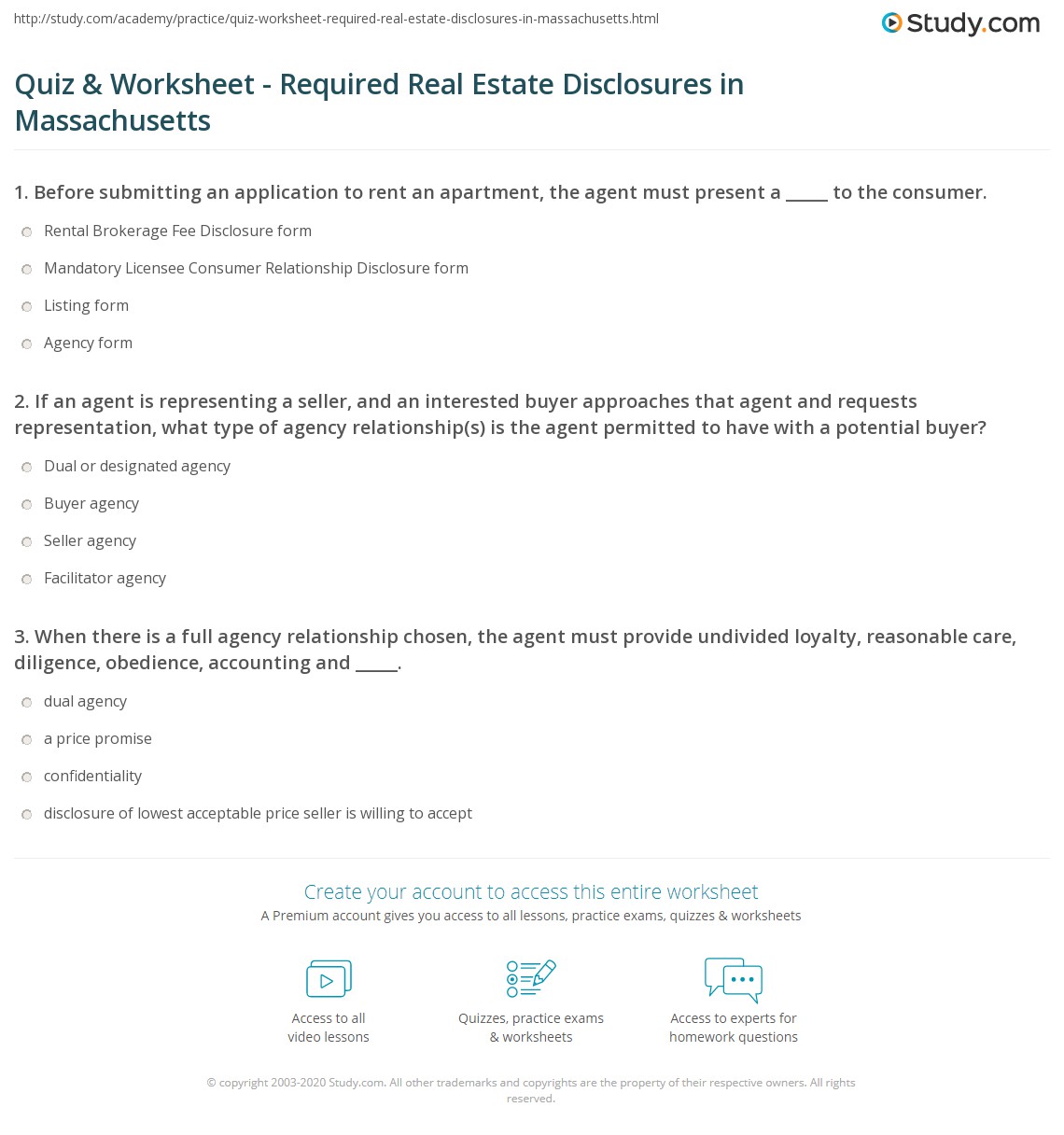 Quiz & Worksheet Required Real Estate Disclosures in Massachusetts