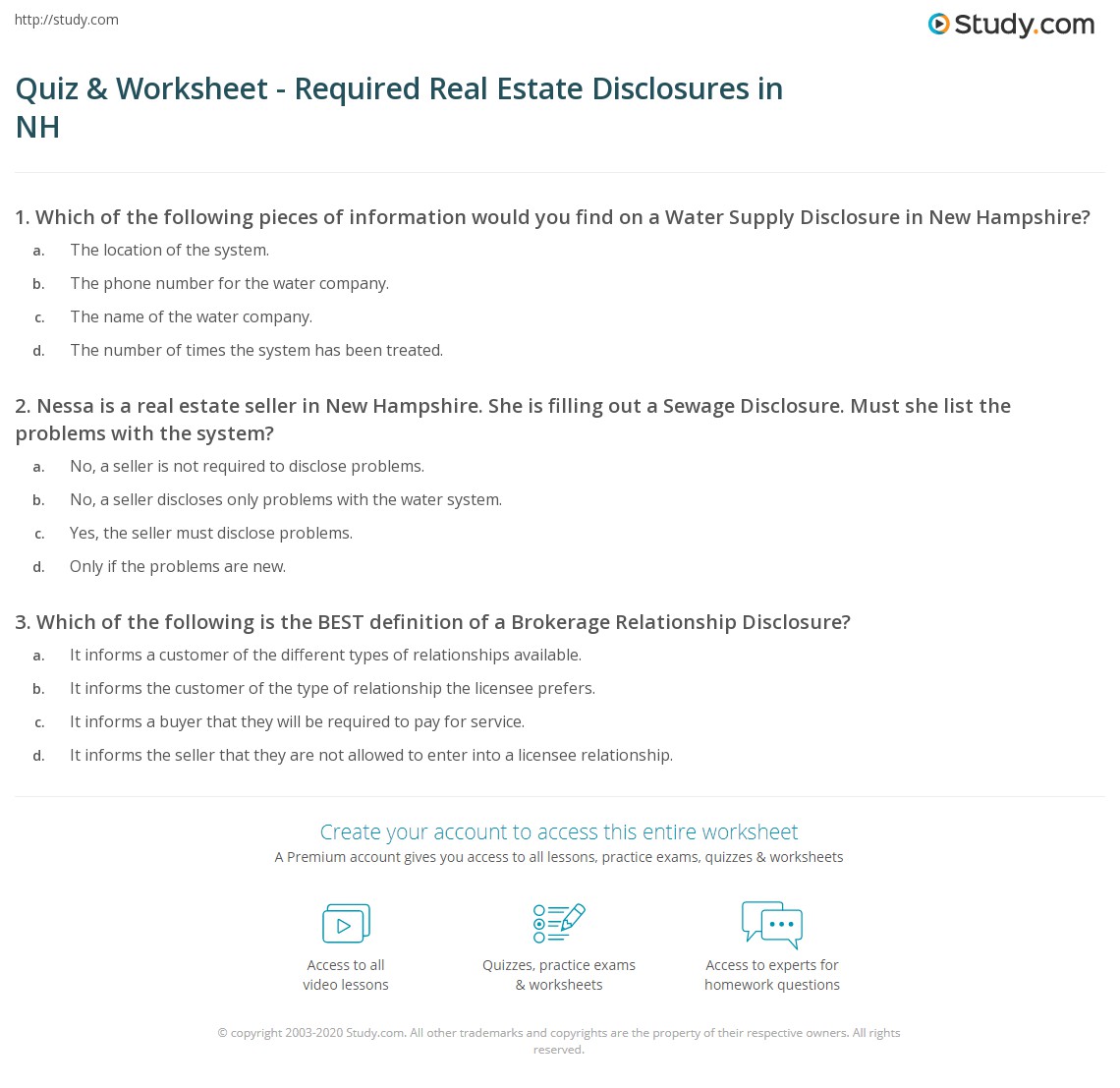 Quiz & Worksheet Required Real Estate Disclosures in NH