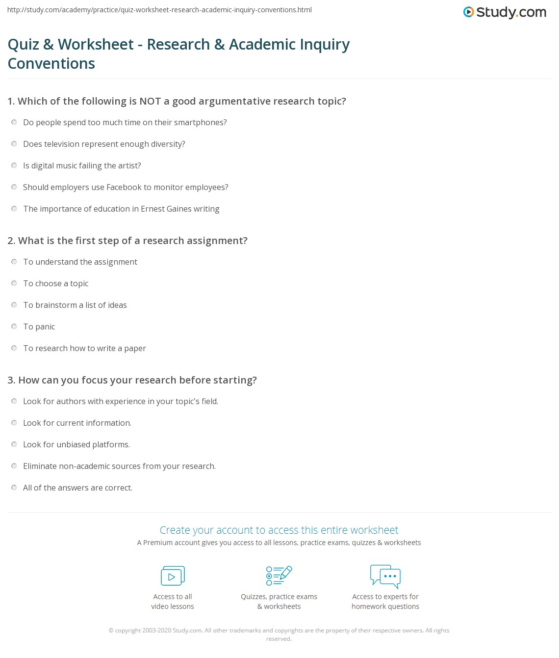 Quiz & Worksheet - Research & Academic Inquiry Conventions | Study.com