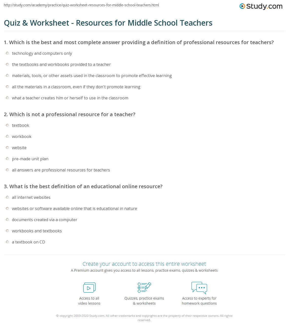 Quiz &amp; Worksheet - Resources for Middle School Teachers | Study.com