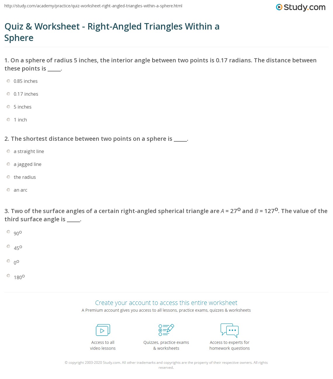 Quiz & Worksheet - Right-Angled Triangles Within a Sphere | Study.com