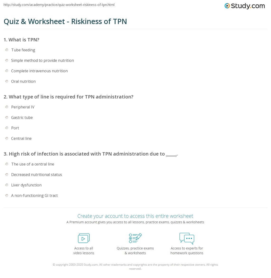 Quiz & Worksheet - Riskiness of TPN | Study.com