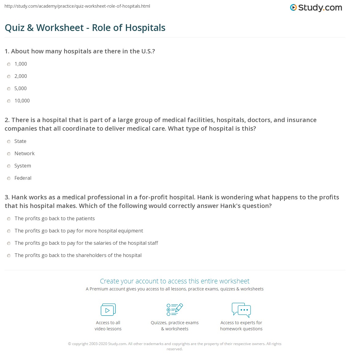 Quiz & Worksheet - Role of Hospitals | Study.com