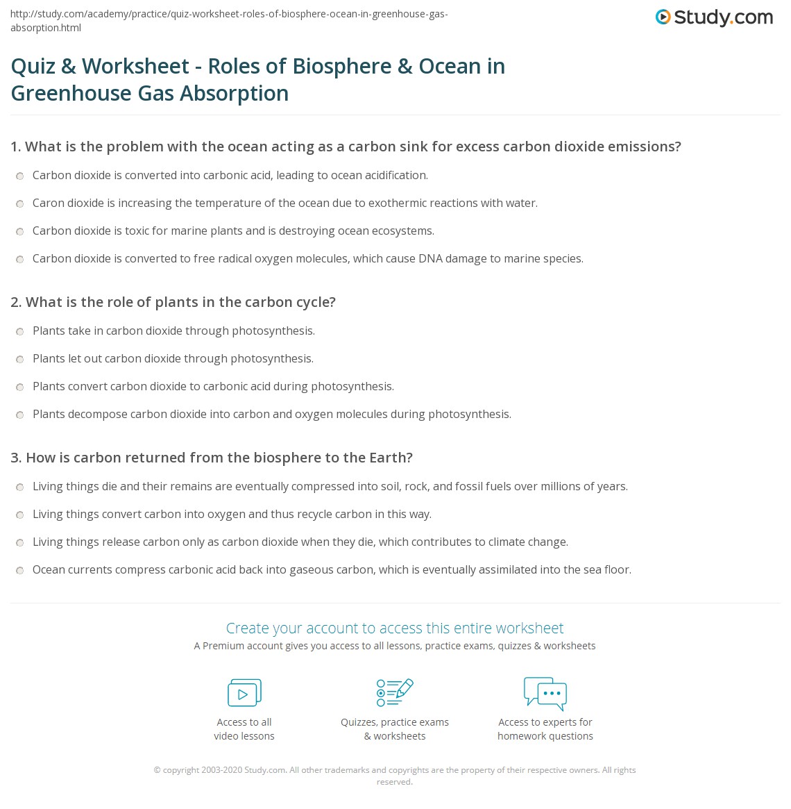Quiz & Worksheet - Roles of Biosphere & Ocean in Greenhouse Gas ...