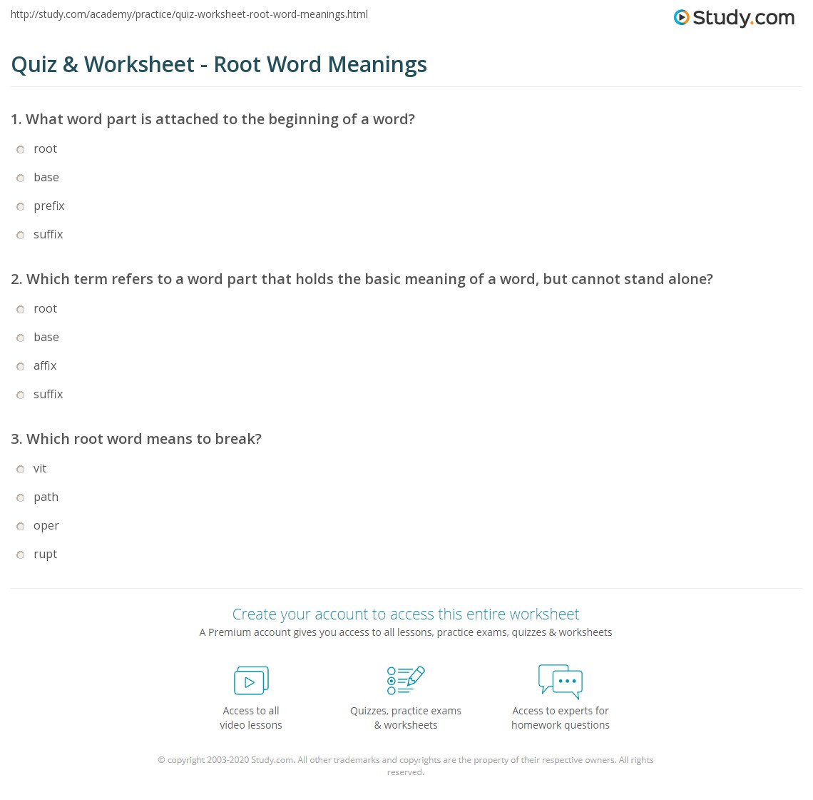 Quiz Worksheet Root Word Meanings Study