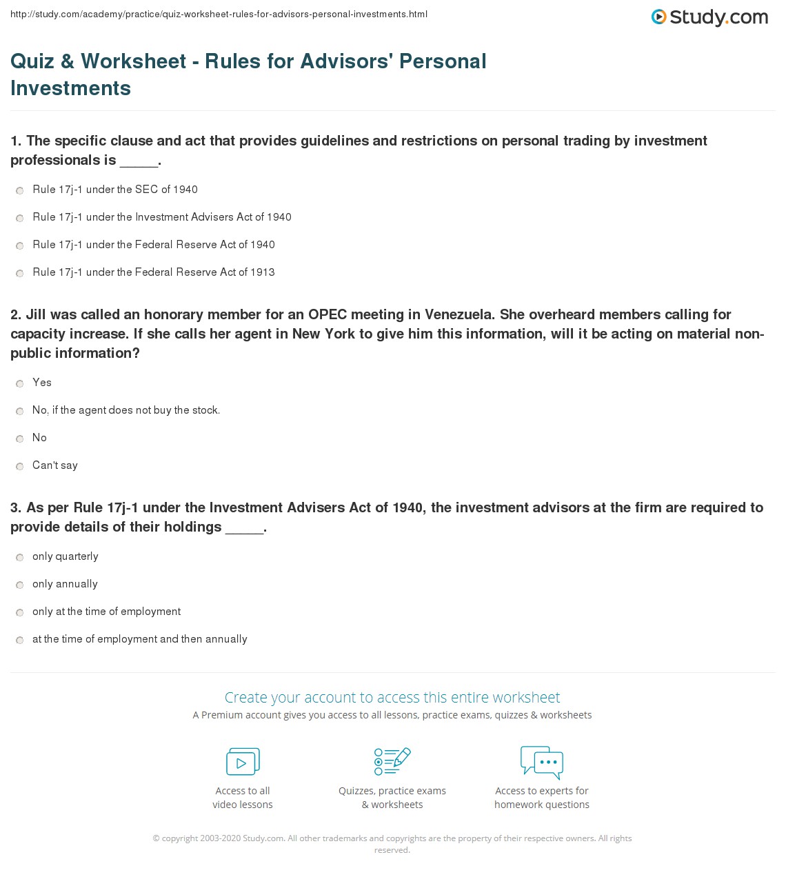 Quiz &amp; Worksheet - Rules for Advisors' Personal Investments | Study.com
