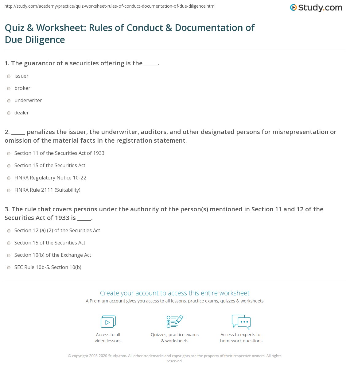 Quiz &amp; Worksheet: Rules of Conduct &amp; Documentation of Due Diligence ...