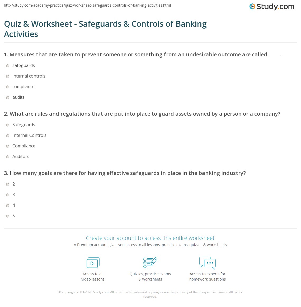 Quiz & Worksheet - Safeguards & Controls of Banking Activities | Study.com