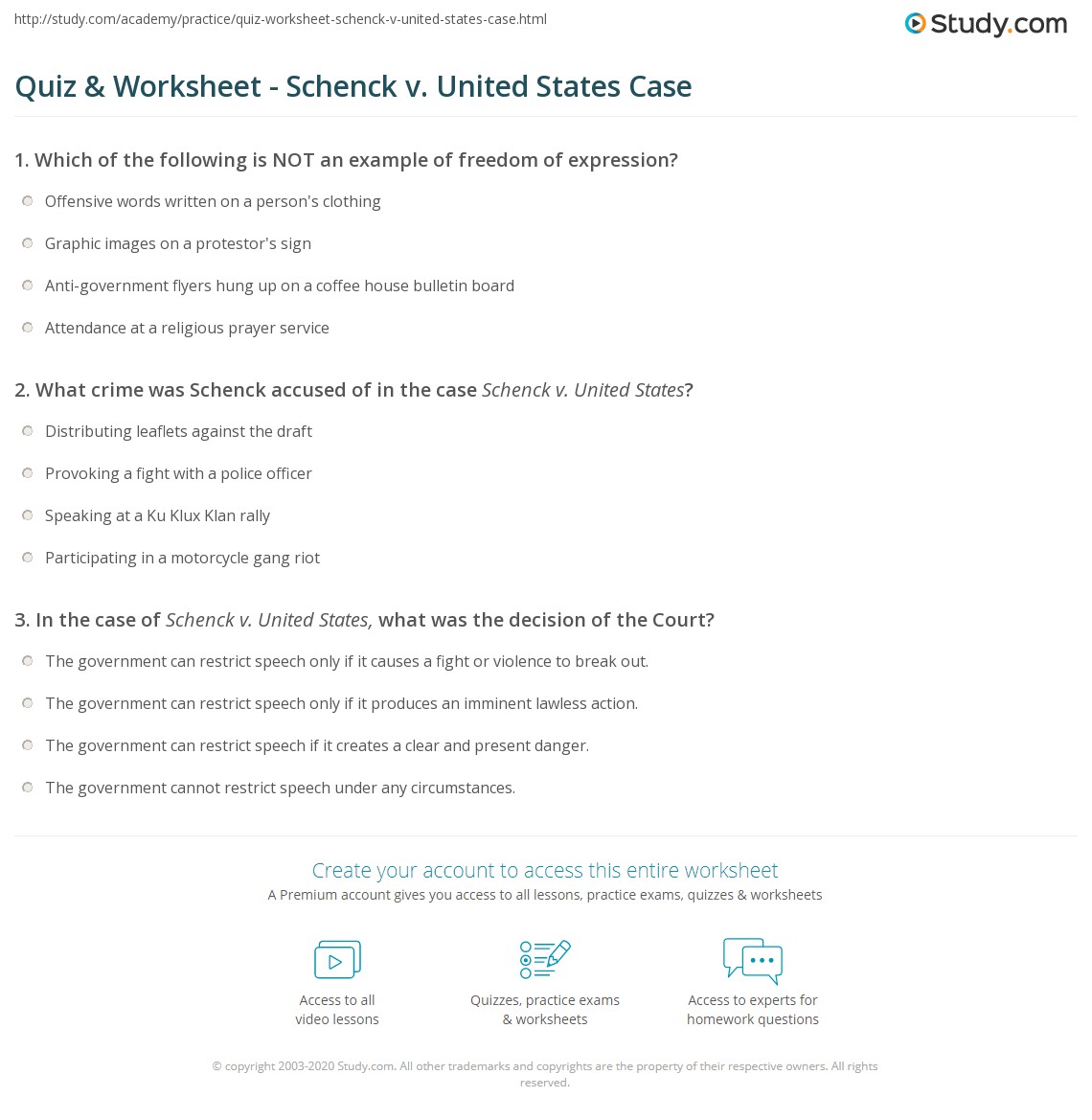 Quiz Worksheet Schenck V United States Case Study Com