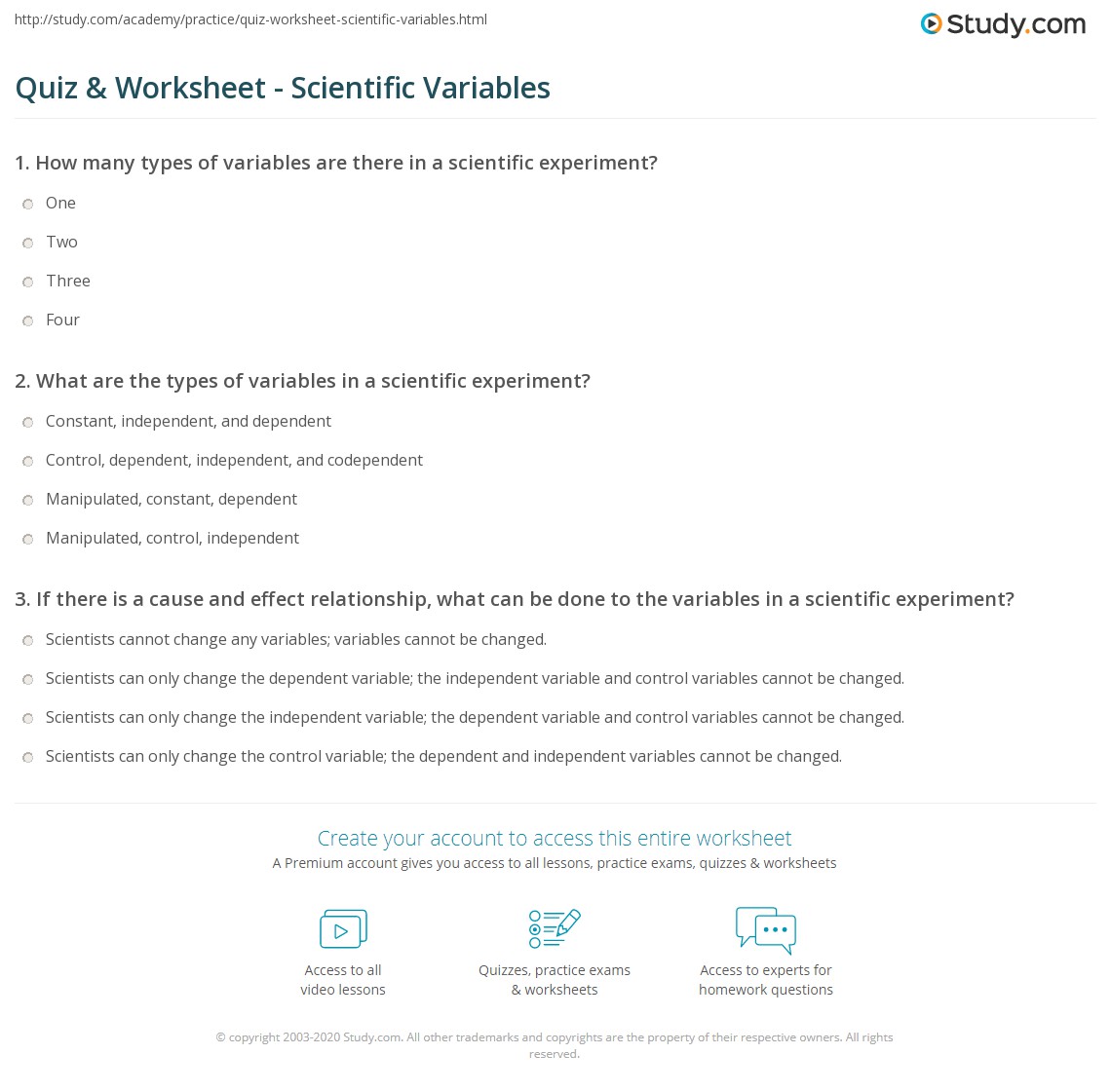 Quiz Worksheet Scientific Variables Study