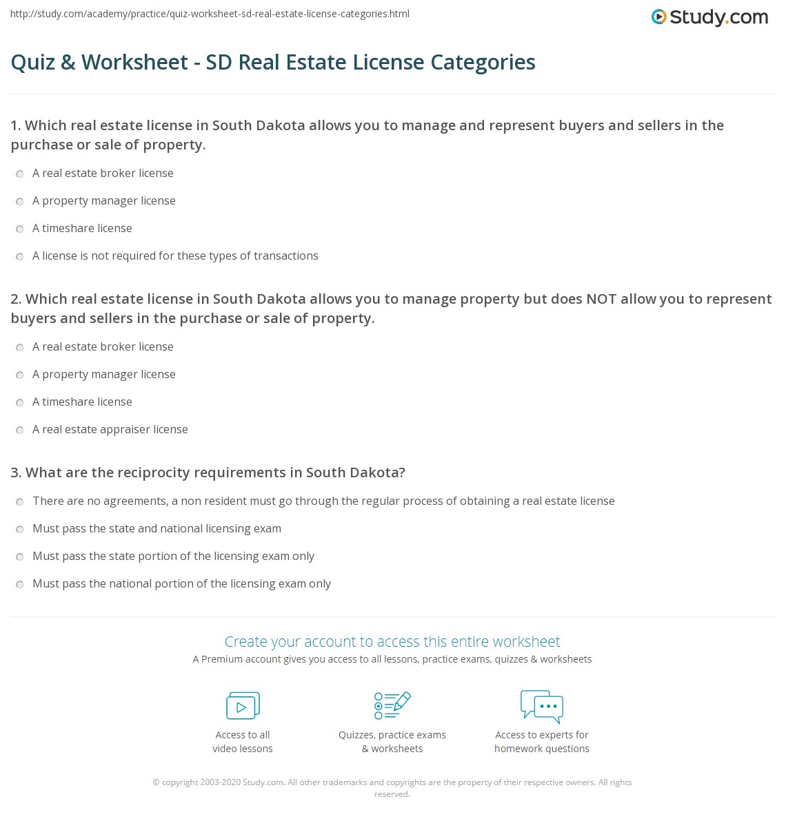 Quiz & Worksheet SD Real Estate License Categories