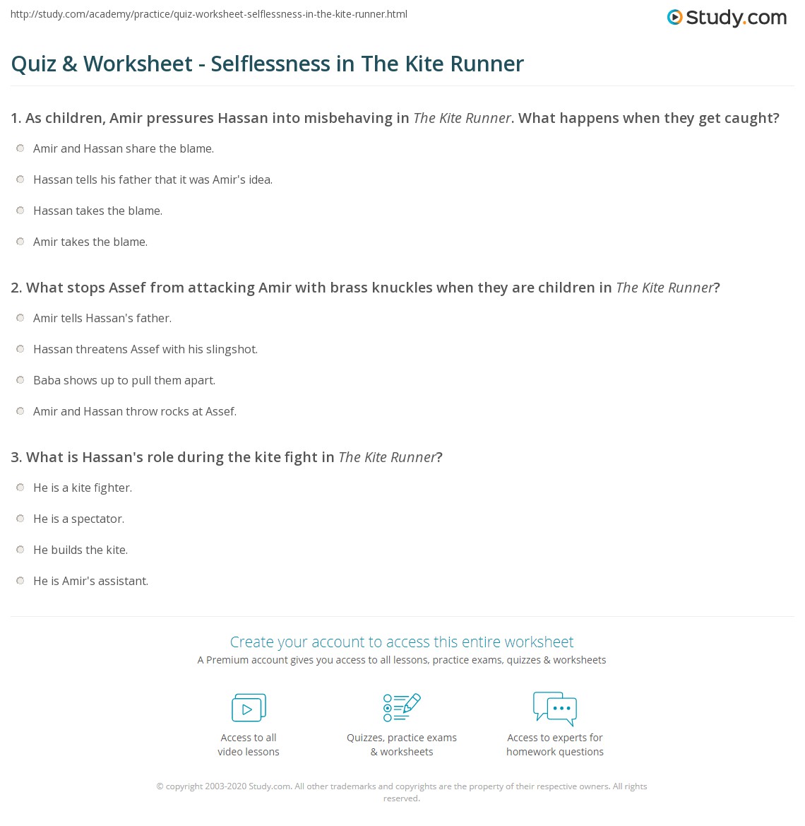 Quiz & Worksheet Selflessness in The Kite Runner