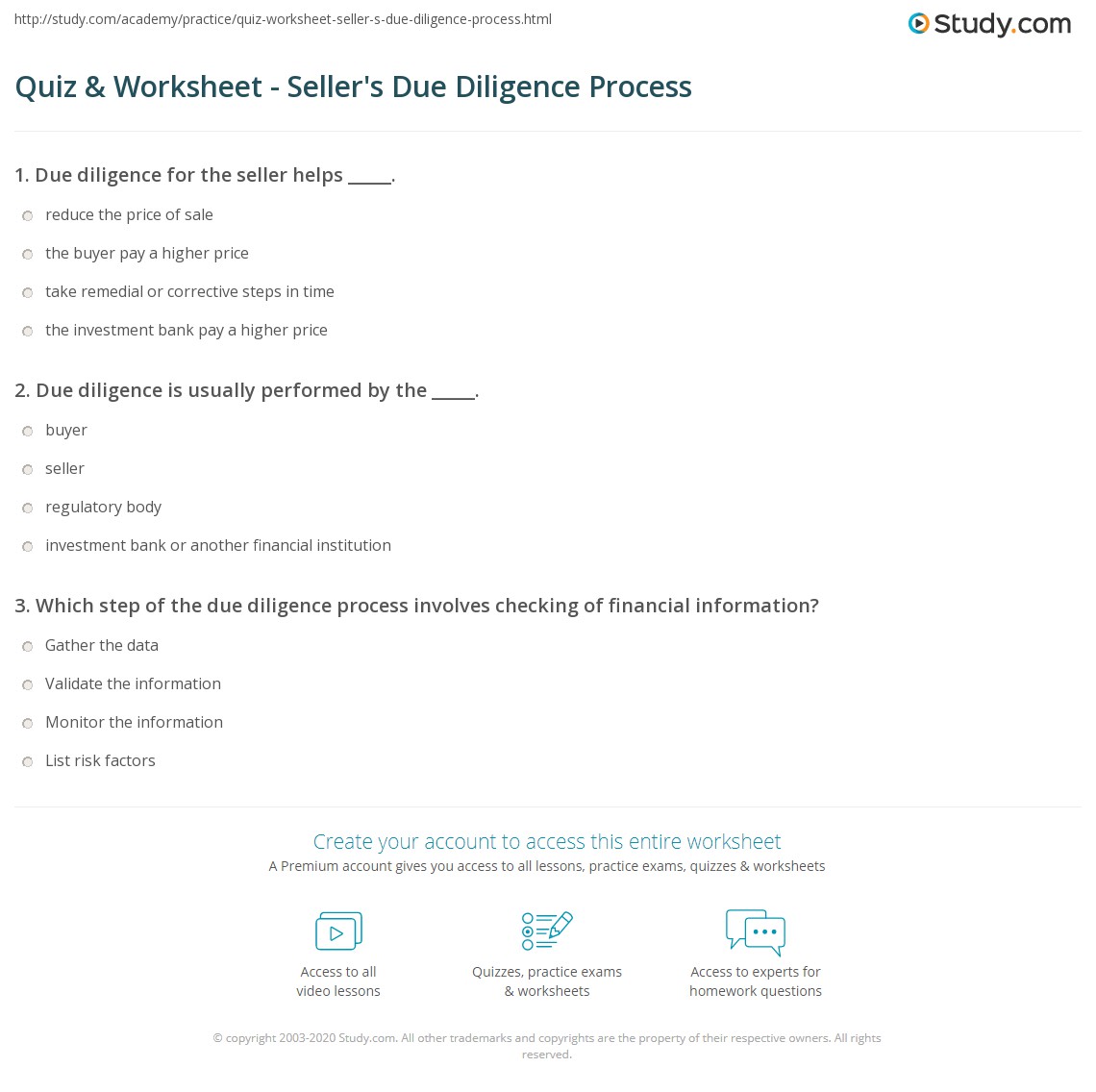 Quiz & Worksheet Seller's Due Diligence Process