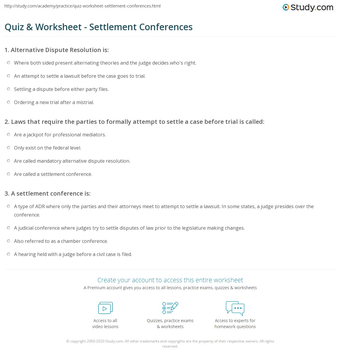 Quiz & Worksheet - Settlement Conferences | Study.com