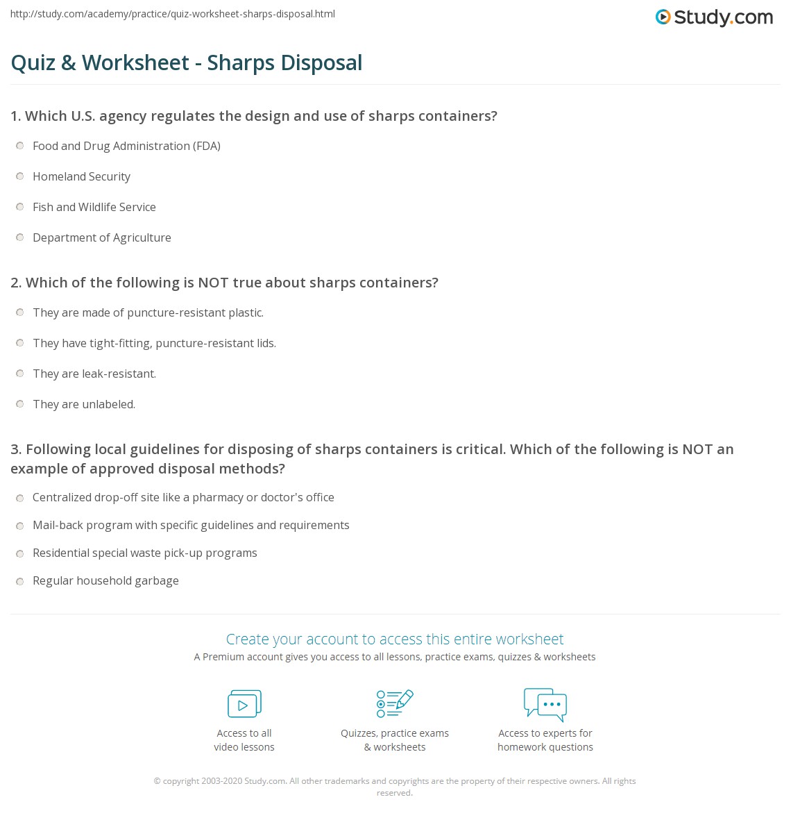 Quiz Worksheet Sharps Disposal Study