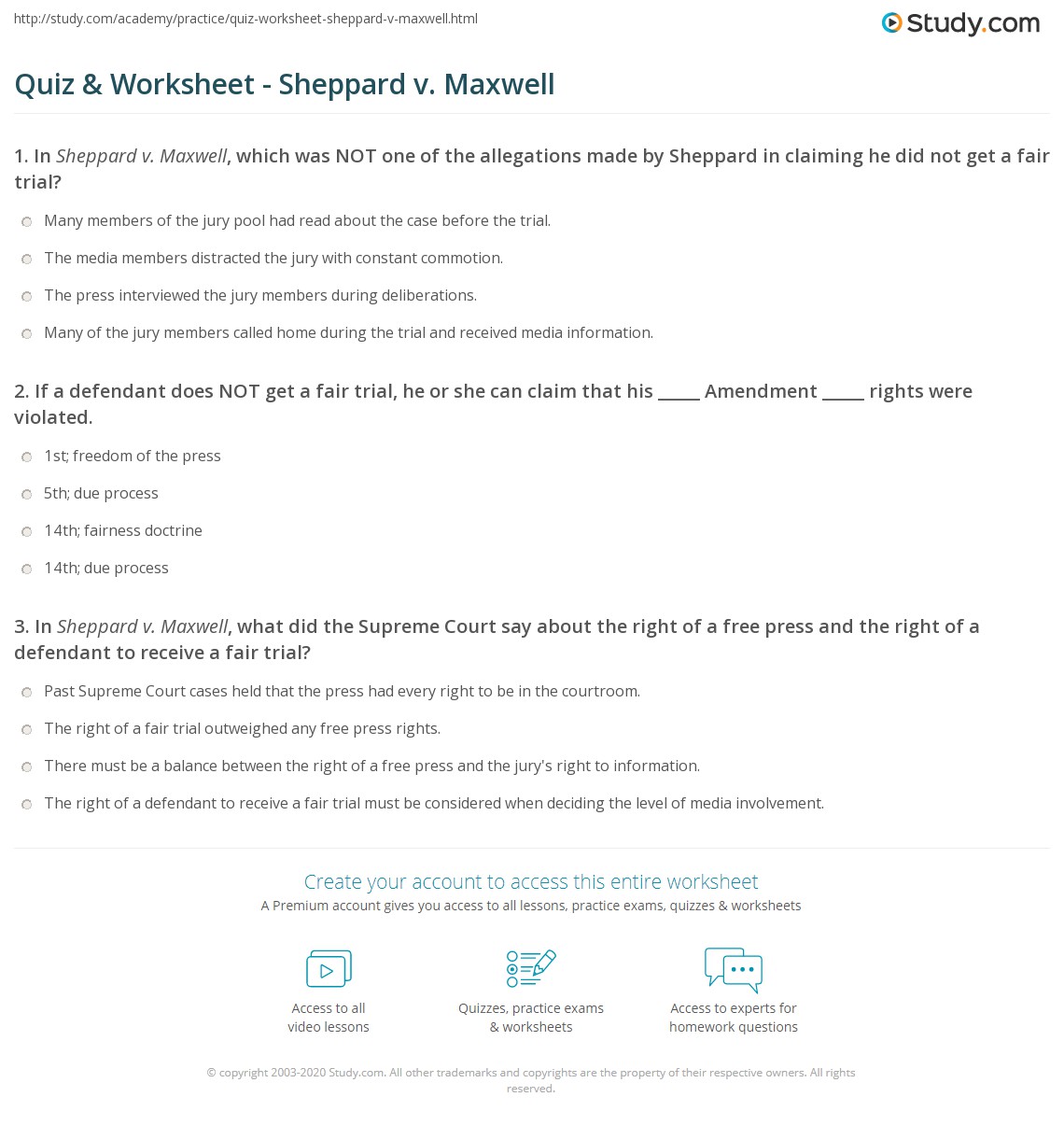 Quiz & Worksheet - Sheppard v. Maxwell | Study.com