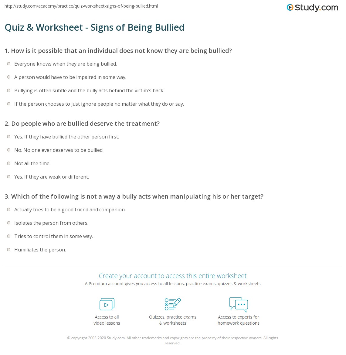 Quiz &amp; Worksheet - Signs of Being Bullied | Study.com