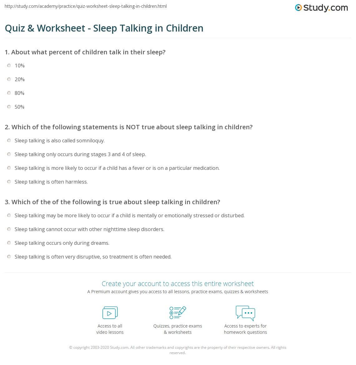 Quiz & Worksheet - Sleep Talking in Children | Study.com
