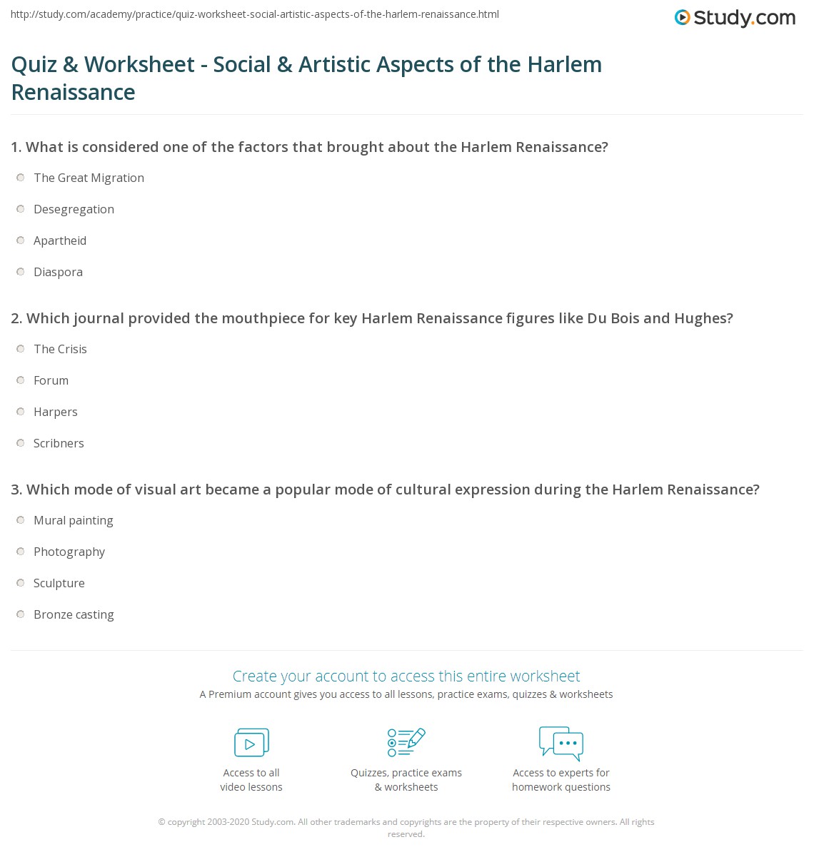 Quiz & Worksheet - Social & Artistic Aspects of the Harlem Renaissance ...