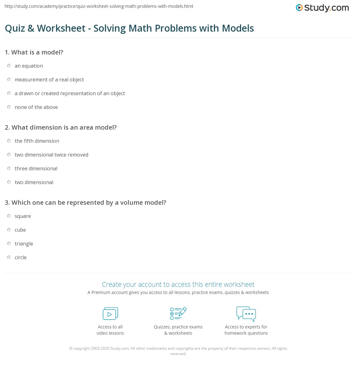 Quiz & Worksheet - Solving Math Problems with Models | Study.com