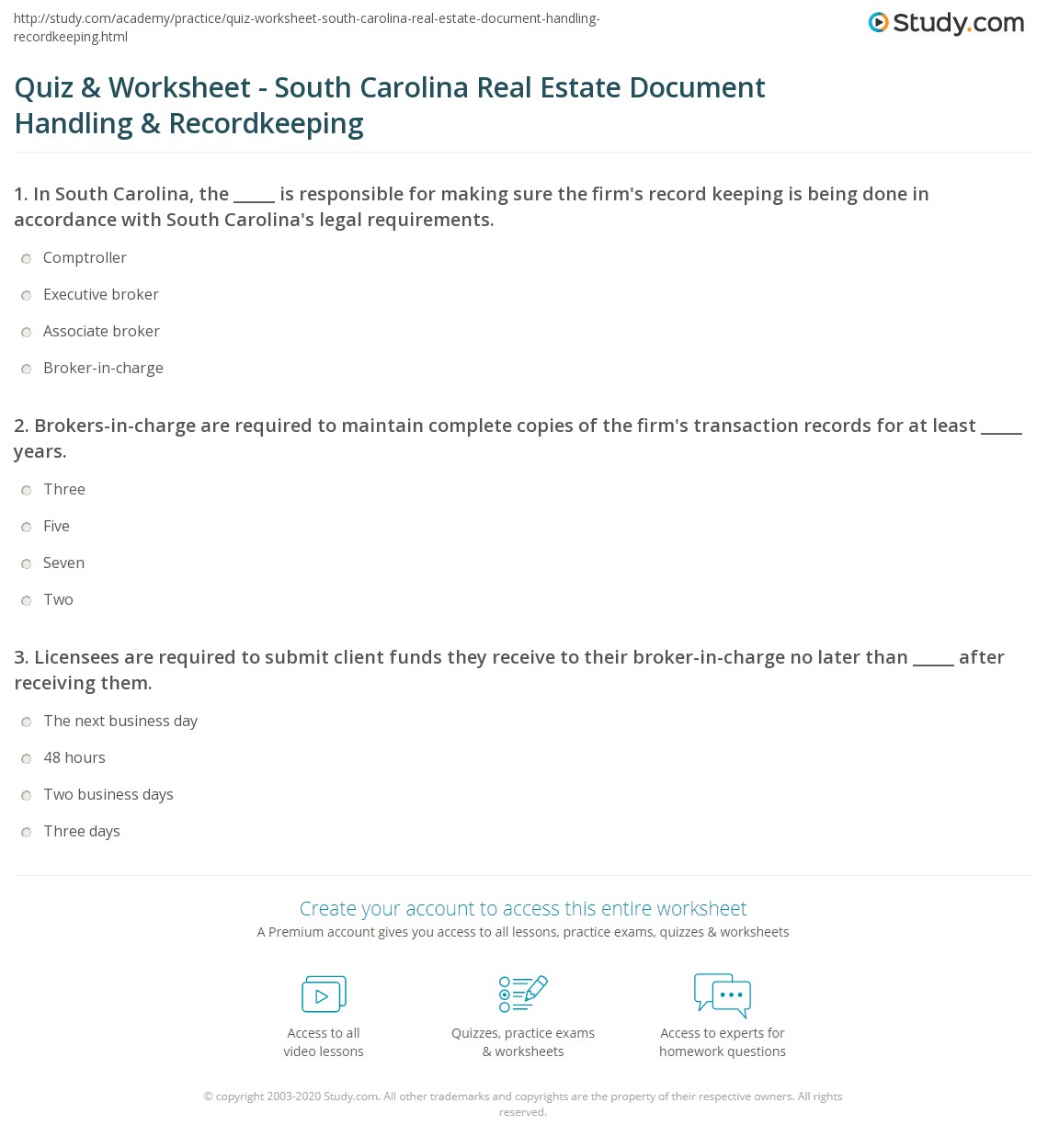 Quiz & Worksheet South Carolina Real Estate Document Handling