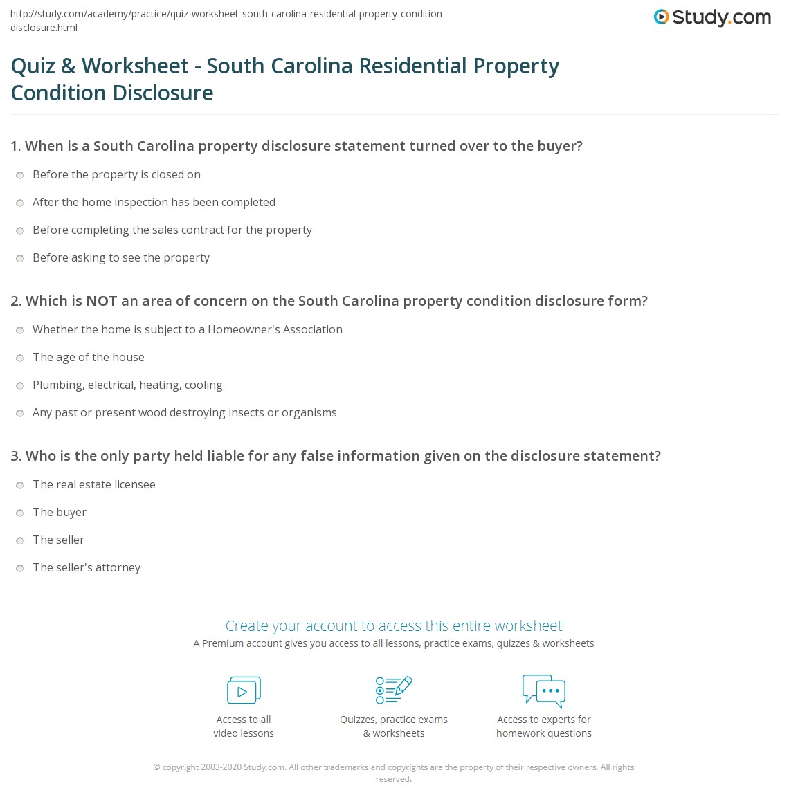 Quiz & Worksheet South Carolina Residential Property Condition