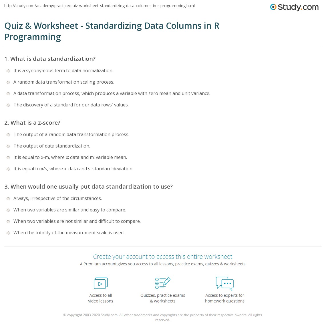 Quiz & Worksheet - Standardizing Data Columns in R Programming | Study.com