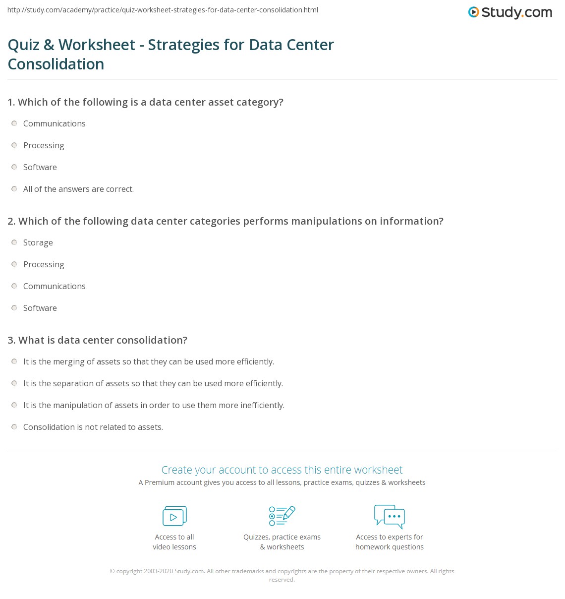 Quiz & Worksheet - Strategies for Data Center Consolidation | Study.com