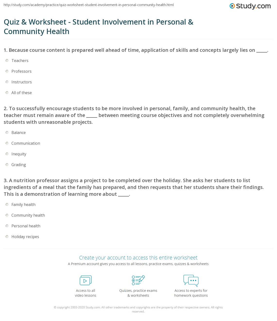 Quiz & Worksheet - Student Involvement in Personal & Community Health ...