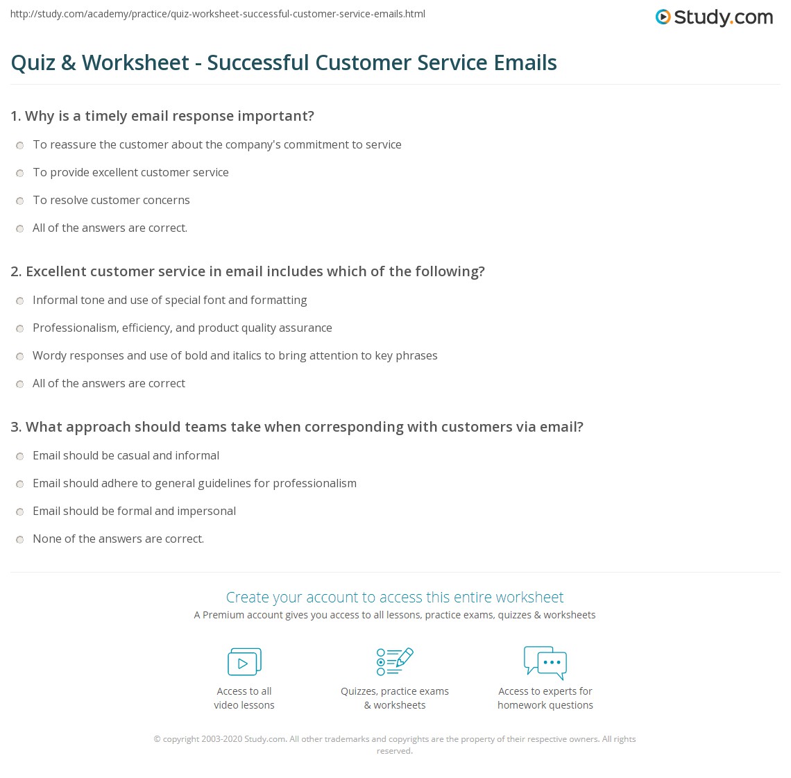Quiz Worksheet Successful Customer Service Emails Study