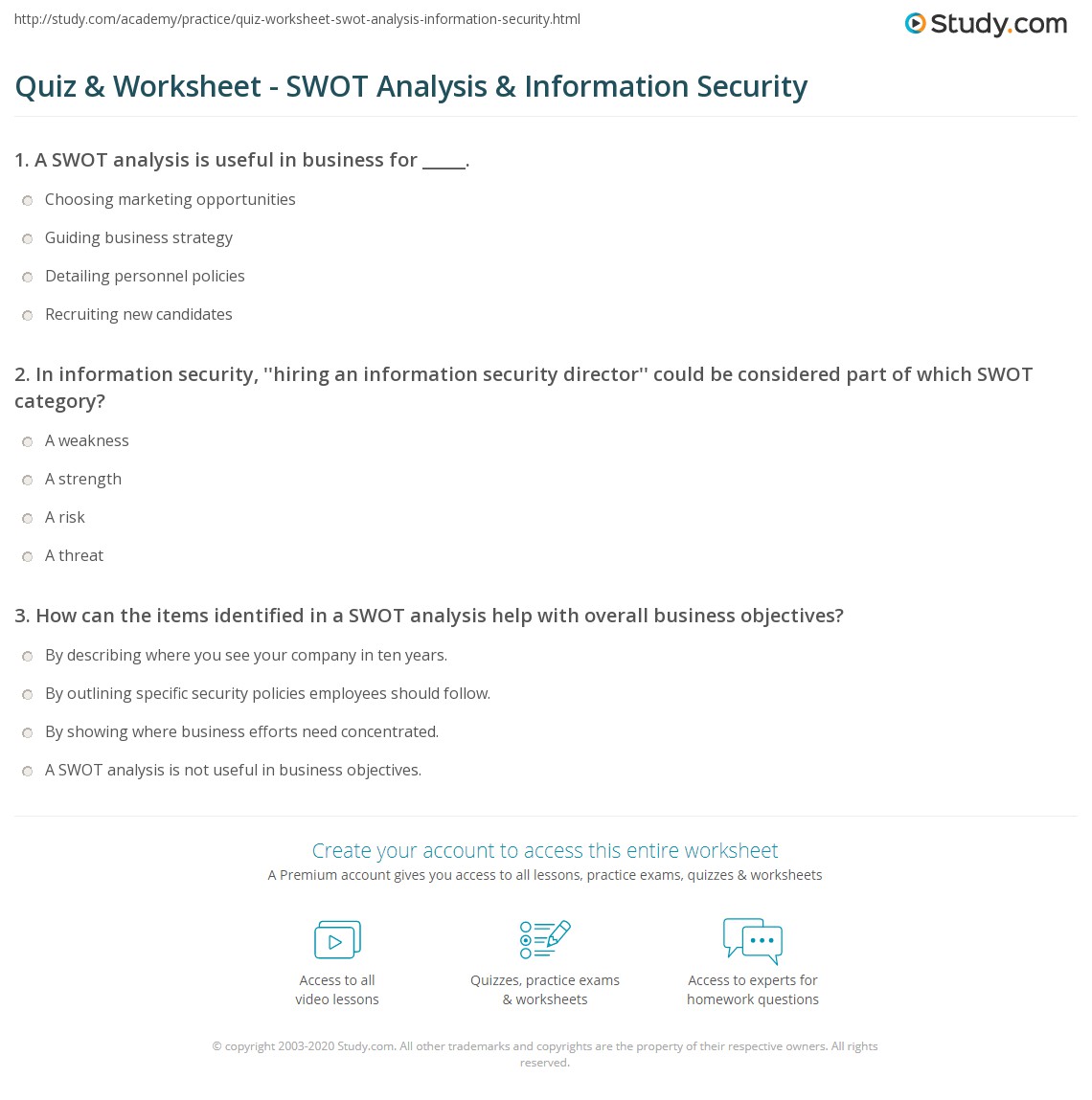 Quiz & Worksheet - SWOT Analysis & Information Security | Study.com