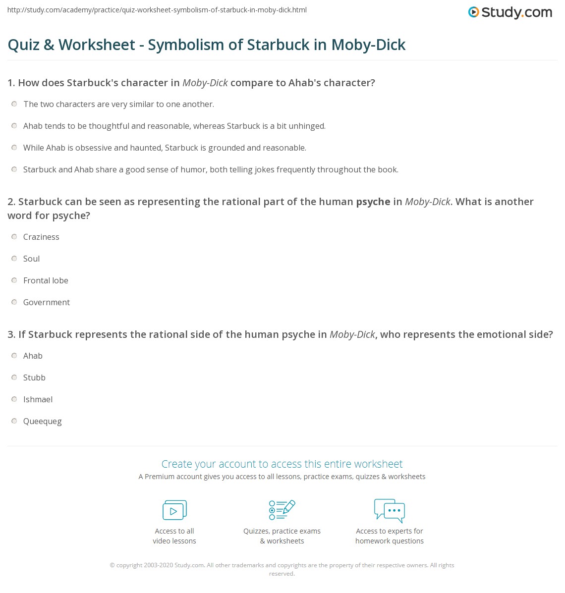 Quiz & Worksheet - Symbolism of Starbuck in Moby-Dick | Study.com