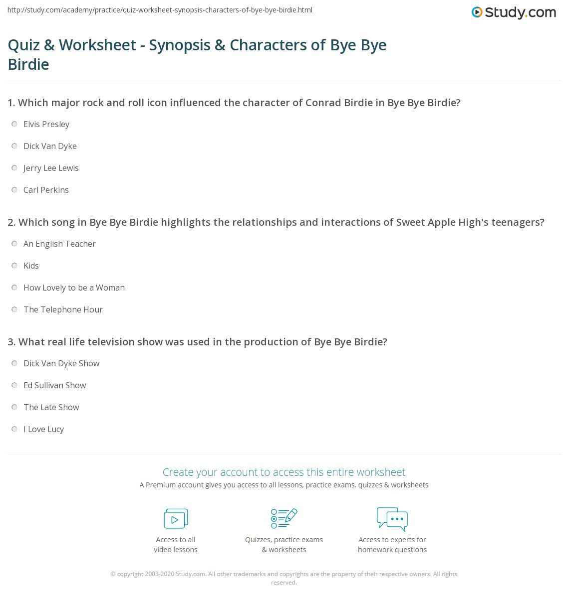 Quiz & Worksheet - Synopsis & Characters of Bye Bye Birdie | Study.com