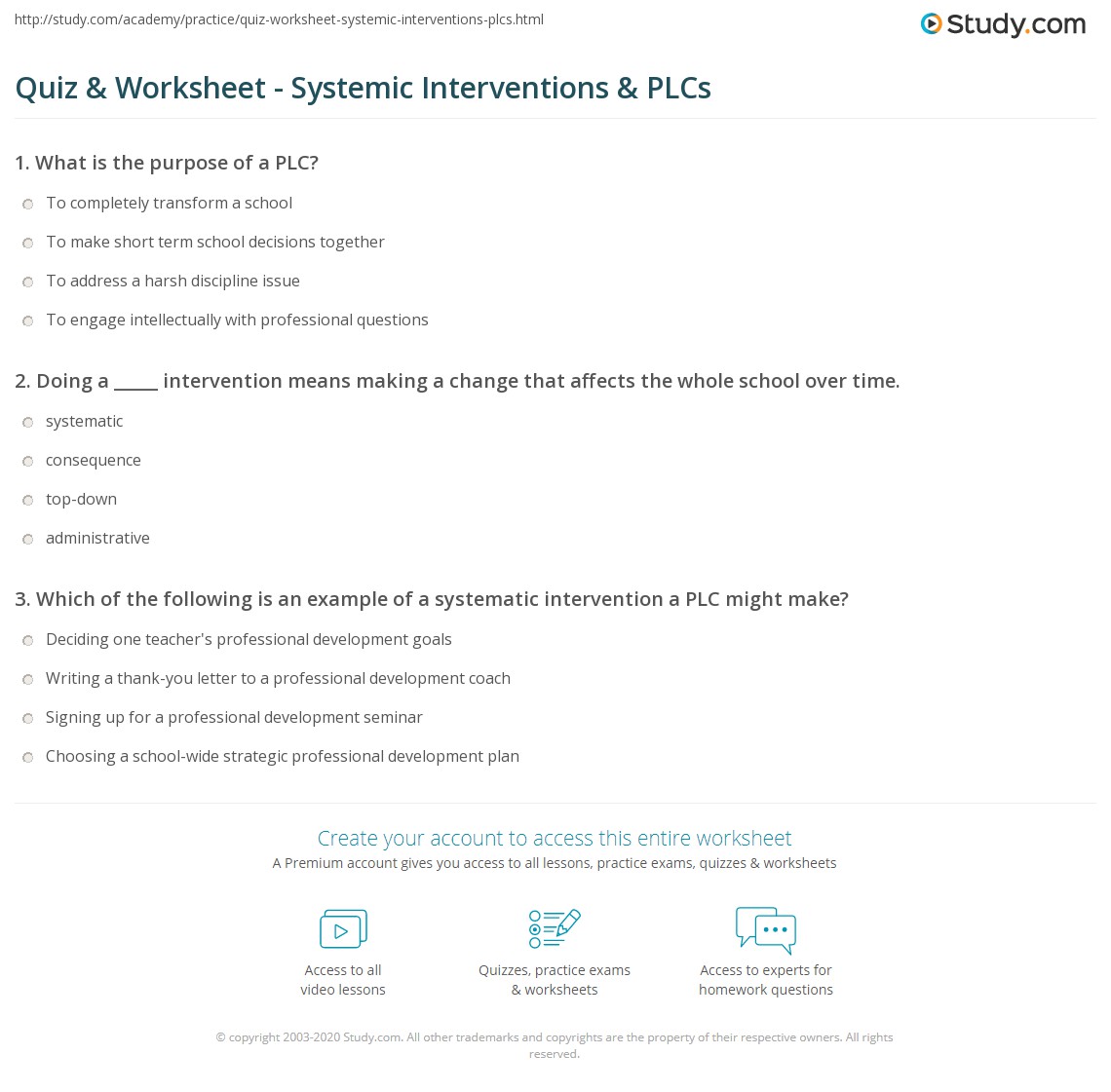Quiz & Worksheet - Systemic Interventions & PLCs | Study.com