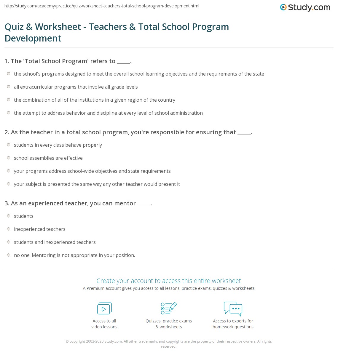Quiz & Worksheet - Teachers & Total School Program Development | Study.com