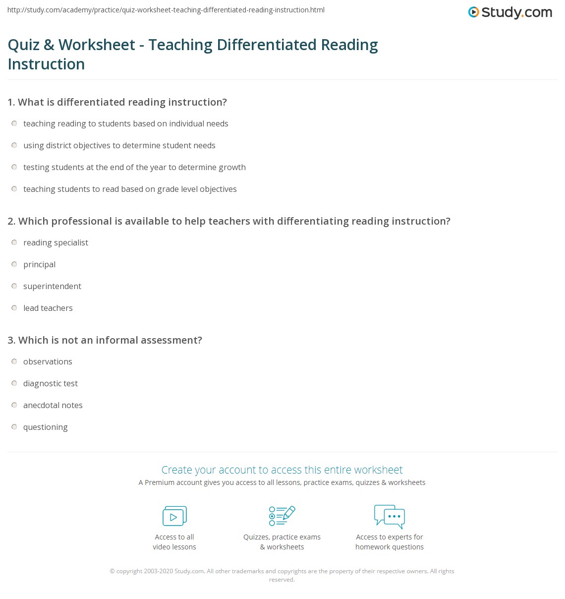 Quiz & Worksheet - Teaching Differentiated Reading Instruction | Study.com