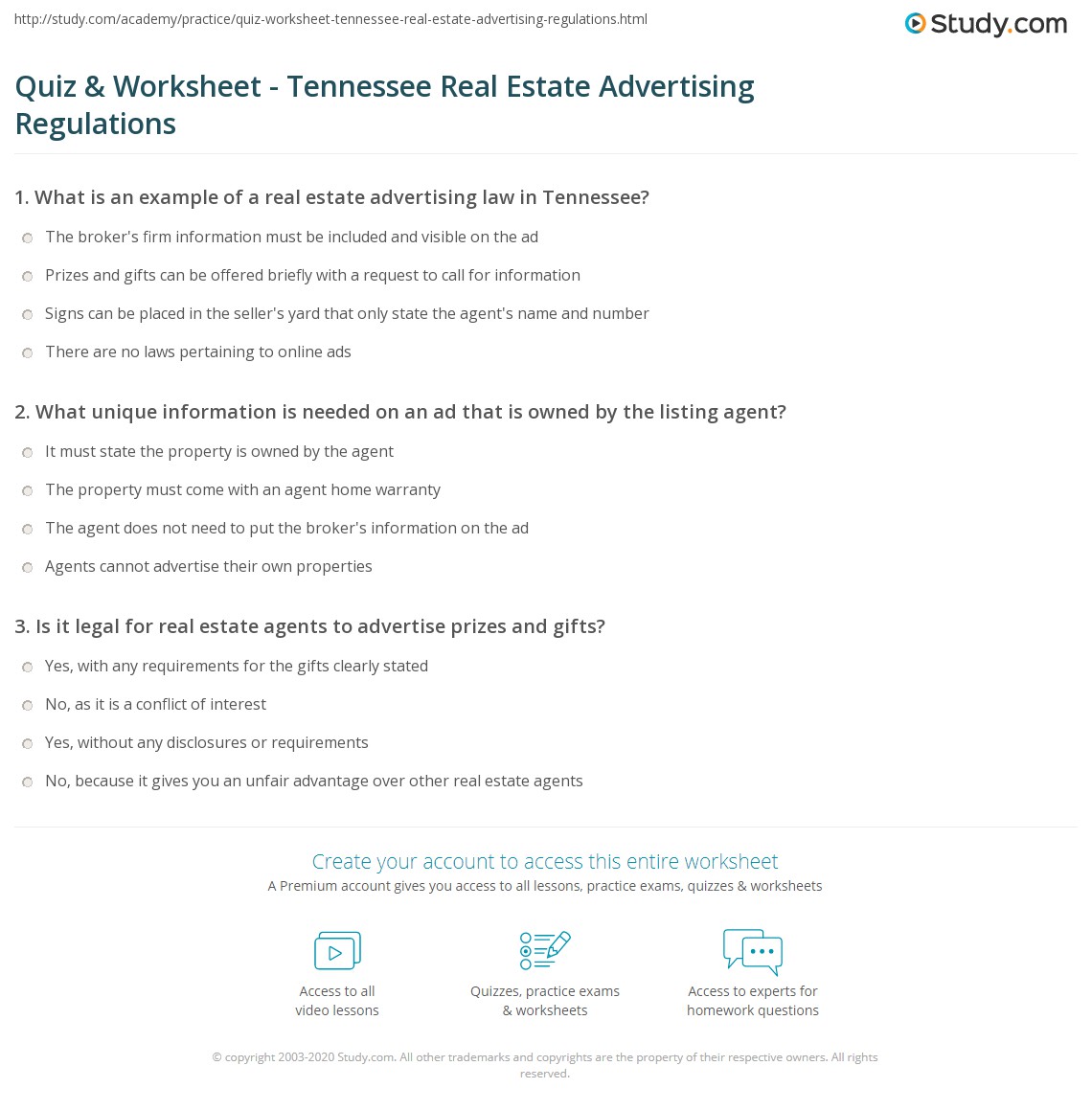 Quiz & Worksheet Tennessee Real Estate Advertising Regulations