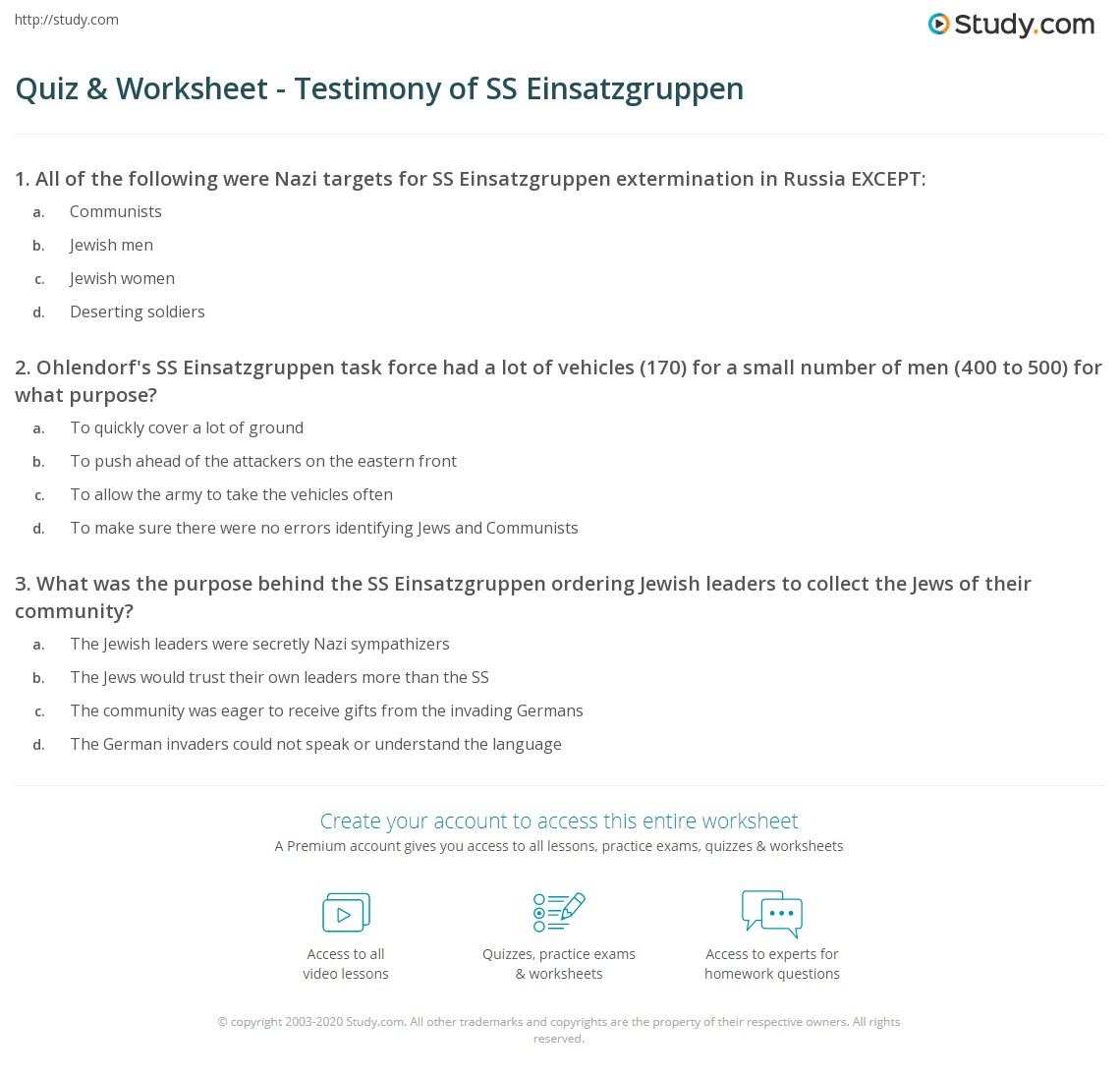 Quiz & Worksheet - Testimony of SS Einsatzgruppen | Study.com