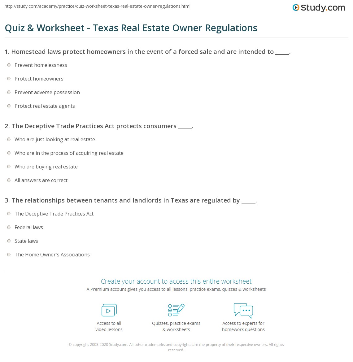 Quiz & Worksheet - Texas Real Estate Owner Regulations | Study.com