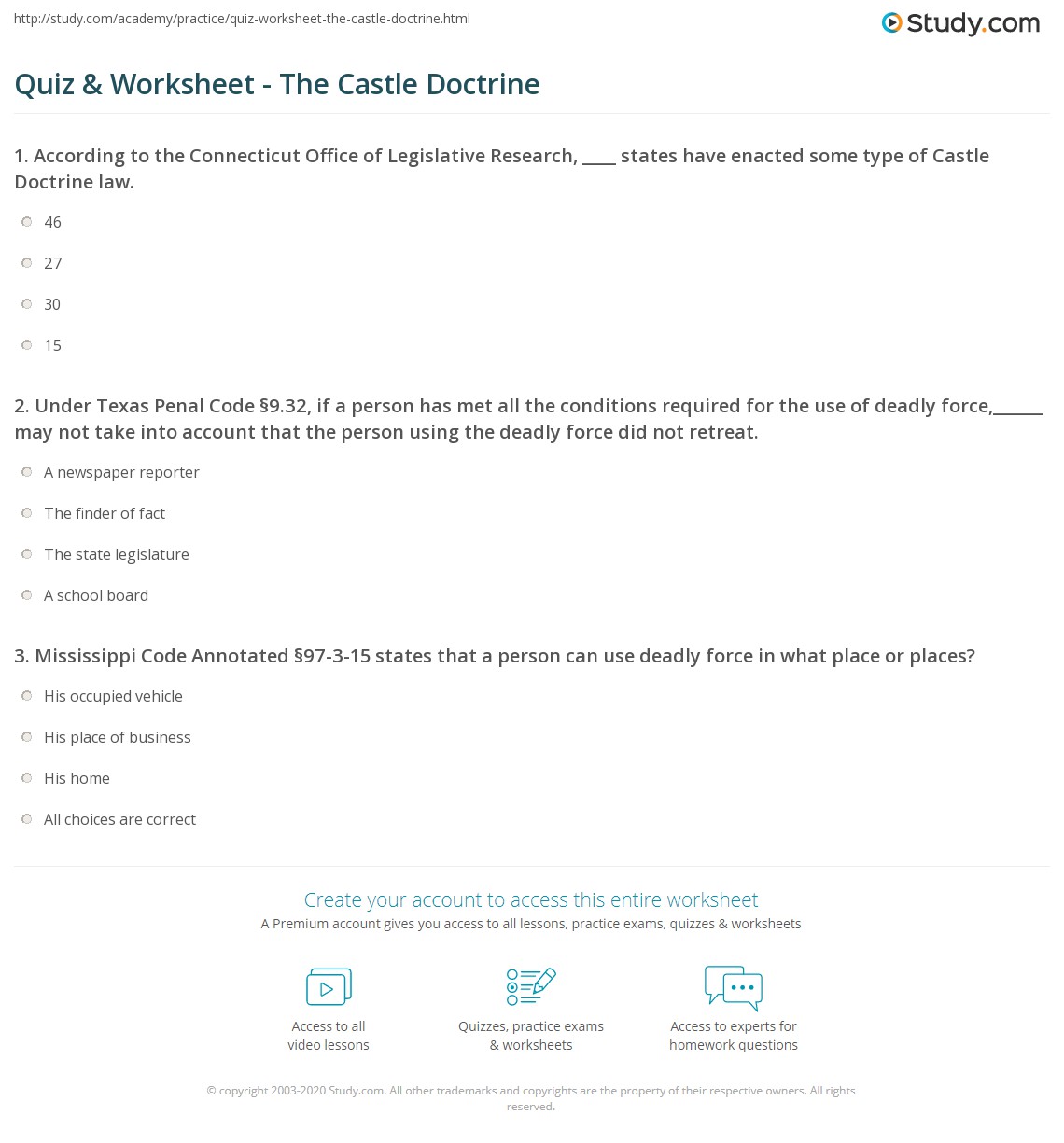 Quiz & Worksheet The Castle Doctrine