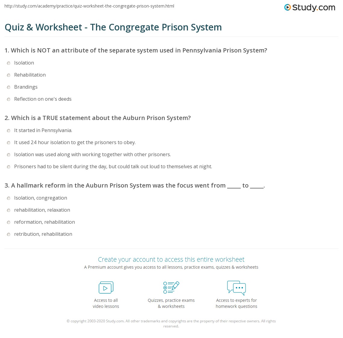 Quiz & Worksheet - The Congregate Prison System | Study.com
