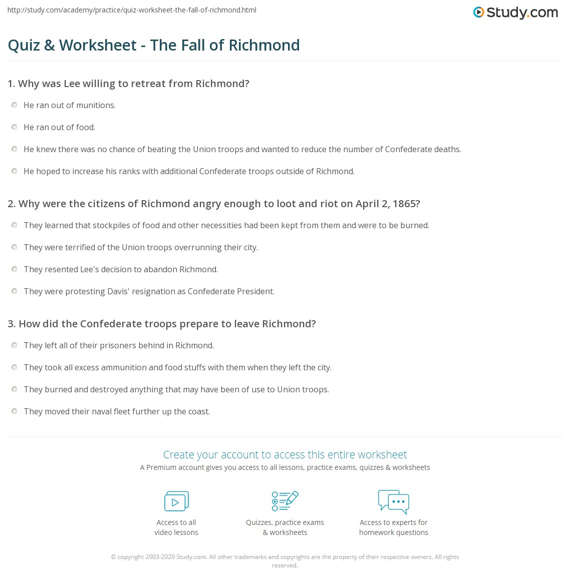Quiz & Worksheet - The Fall of Richmond | Study.com