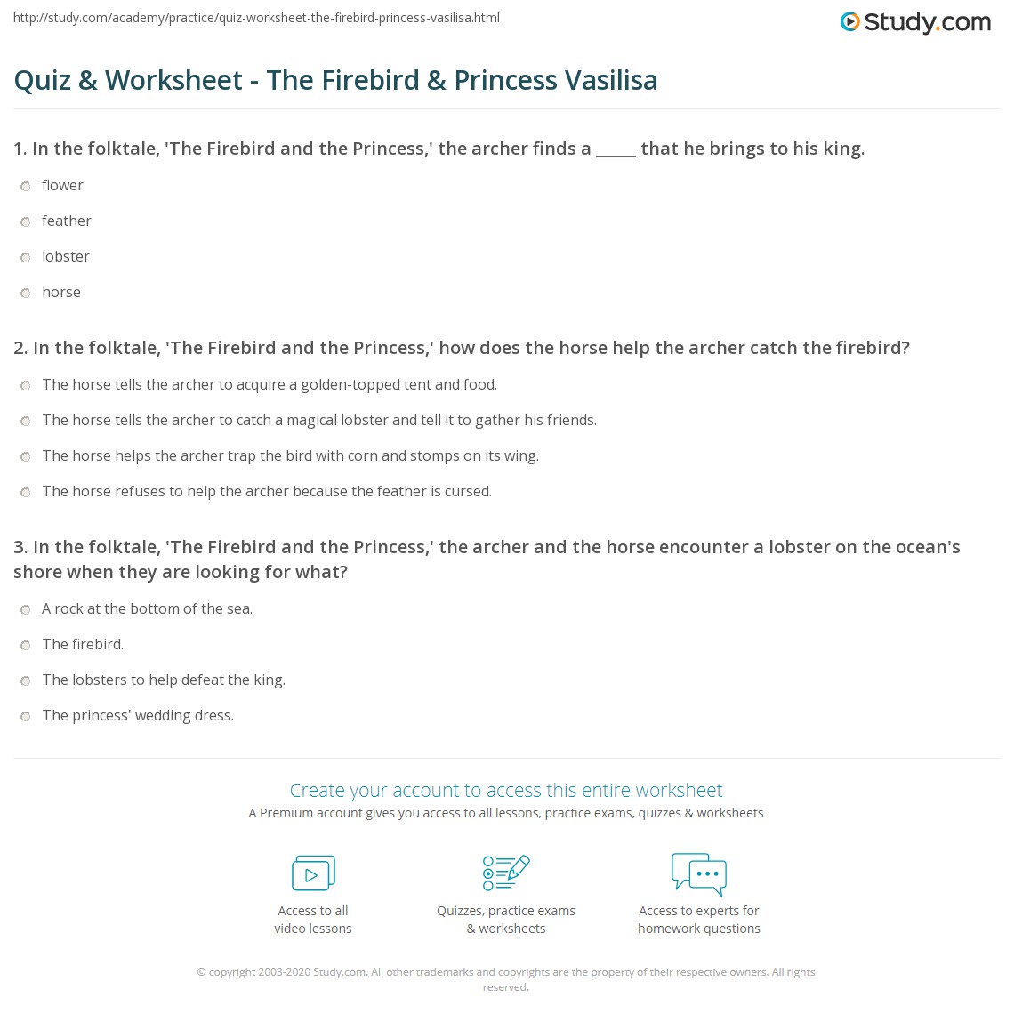 Firebird Princess Quiz & Worksheet - The Firebird & Princess Vasilisa | Study.com