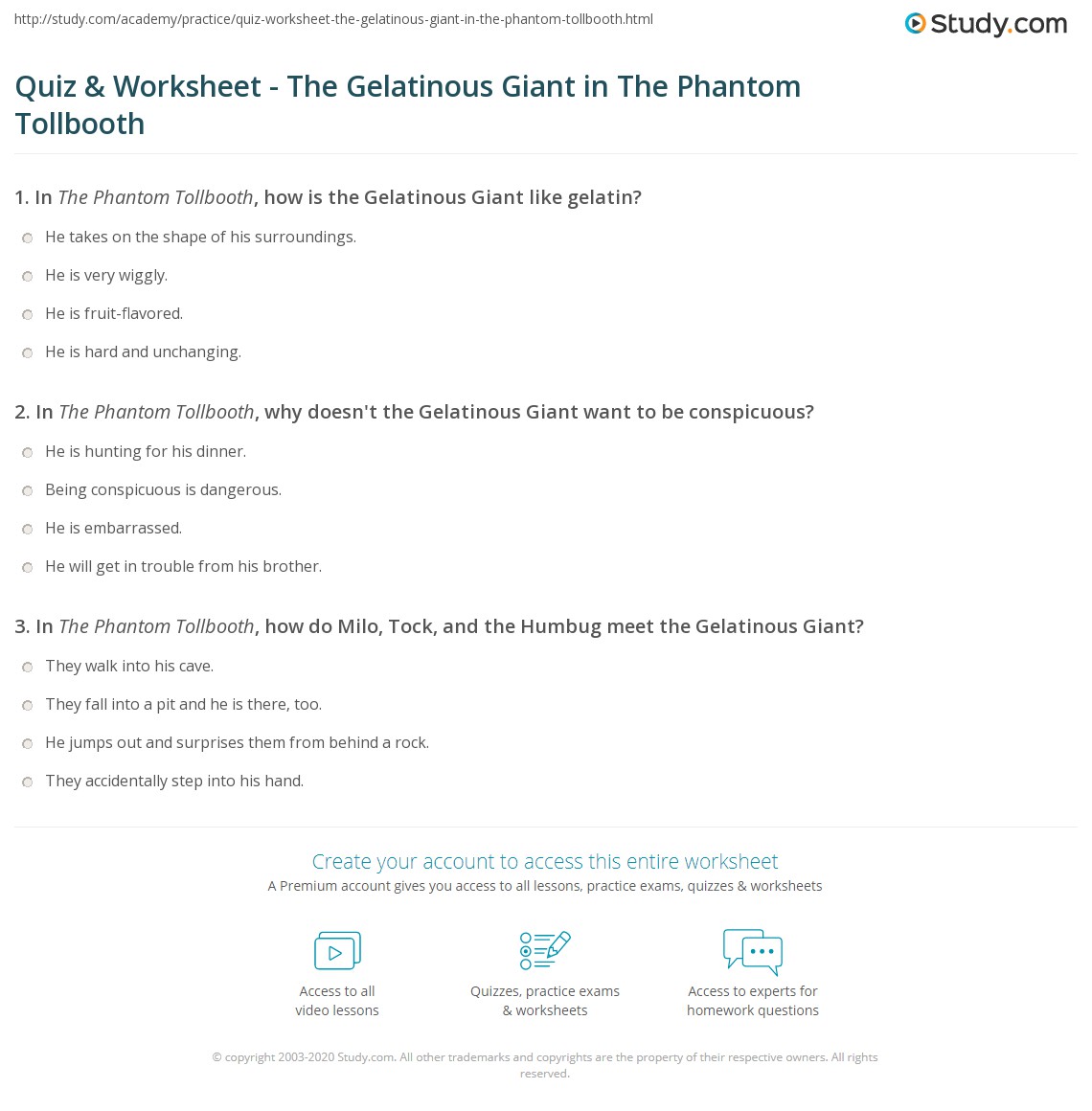 Quiz & Worksheet The Gelatinous Giant in The Phantom Tollbooth