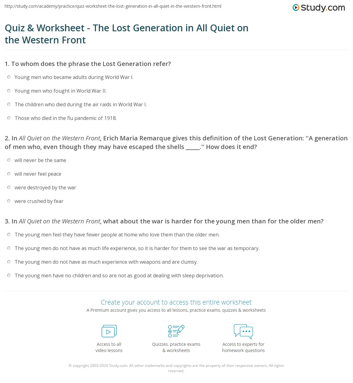 Quiz & Worksheet - The Lost Generation in All Quiet on the Western ...