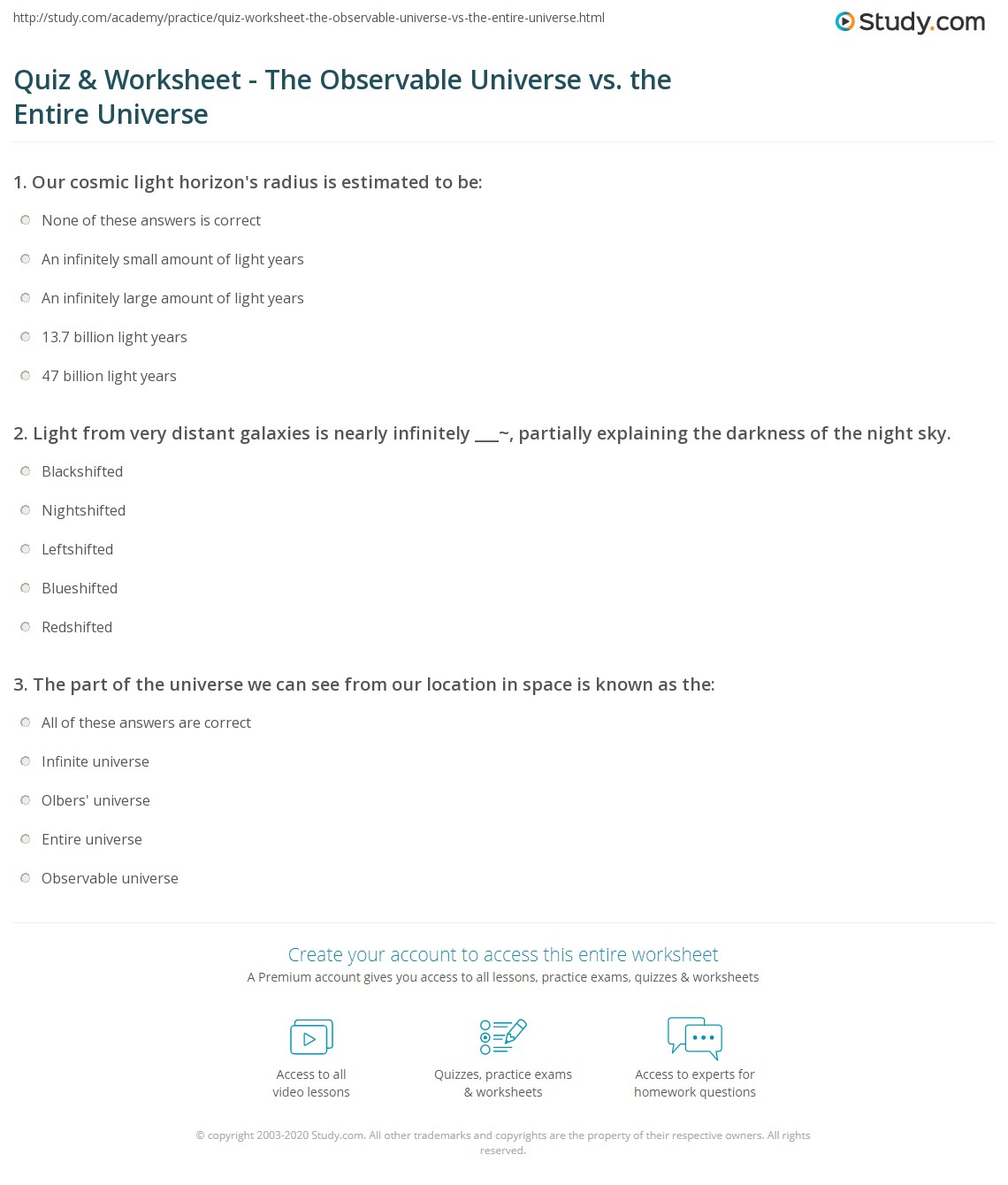 Quiz Worksheet The Observable Universe Vs The Entire Universe 